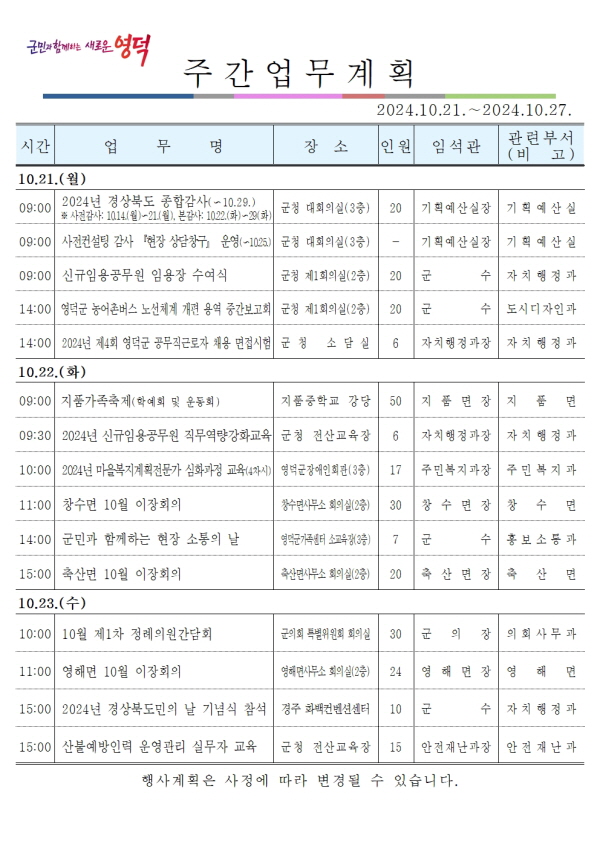 영덕군 주간행사 10월 21일~27일